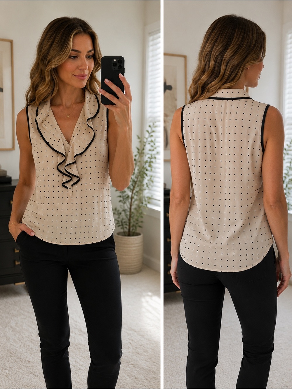 Ann Taylor Cream Sleeveless Polka Dot Ruffle Blouse with Black Trim